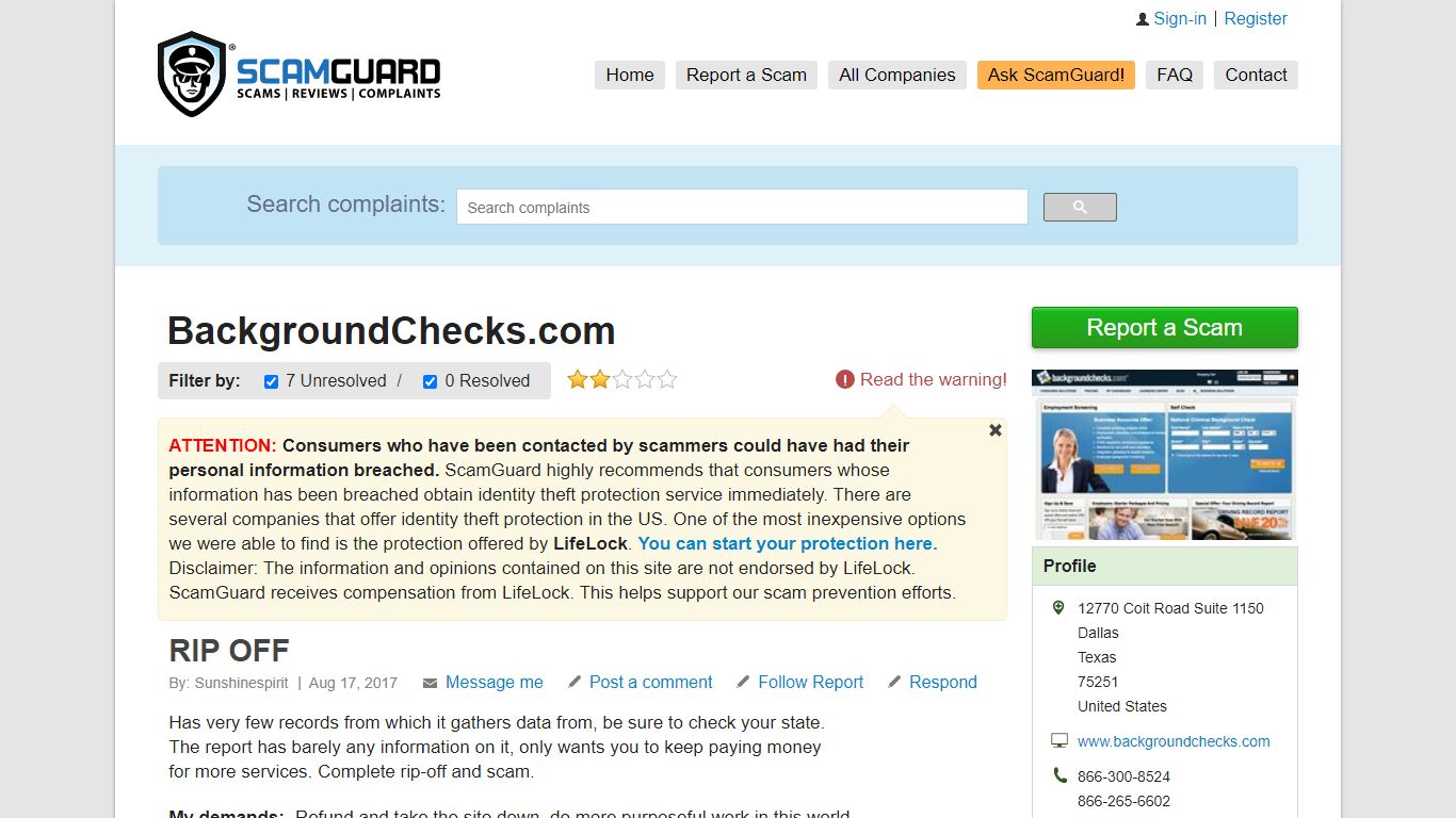 BackgroundChecks.com >> 7 complaints & reviews | SCAMGUARD™